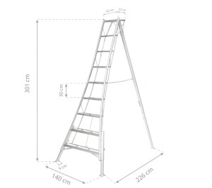 Niwaki Höhenverstellbare Gartenleiter Aluminium 3-Holm | Silber | 226,5x140x301 cm