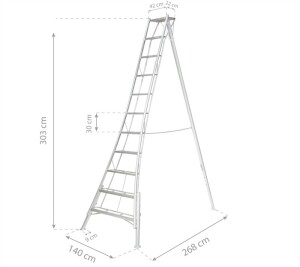 Niwaki Höhenverstellbare Gartenleiter Aluminium 3-Holm | Silber | 267,5x140x361 cm