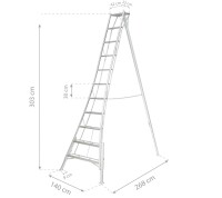 Niwaki Höhenverstellbare Gartenleiter Aluminium 3-Holm | Silber | 267,5x140x361 cm