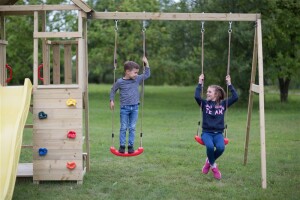 Wendi Toys Holz Spielturm Giraffe | mit Rutsche, Kletterwand, 2 Schaukeln & Picknicktisch | Natur | 280x340x270 cm