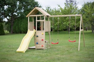 Wendi Toys Holz Spielturm Giraffe | mit Rutsche, Kletterwand, 2 Schaukeln & Picknicktisch | Natur | 280x340x270 cm