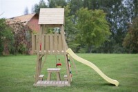 Wendi Toys Holz Spielturm Giraffe | mit Rutsche, Kletterwand, 2 Schaukeln & Picknicktisch | Natur | 280x340x270 cm