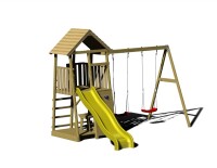 Wendi Toys Holz Spielturm Giraffe | mit Rutsche, Kletterwand, 2 Schaukeln & Picknicktisch | Natur | 280x340x270 cm