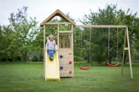 Wendi Toys Holz Spielturm Giraffe | mit Rutsche, Kletterwand, 2 Schaukeln & Picknicktisch | Natur | 280x340x270 cm
