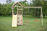 Wendi Toys Holz Spielturm Giraffe | mit Rutsche, Kletterwand, 2 Schaukeln & Picknicktisch | Natur | 280x340x270 cm