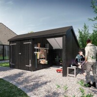 PLUS Multi-Gartenhaus 10,5 m 2 Module Doppeltür offene Fassade mit Dachpappe und Aluleisten Holz natur unbehandelt