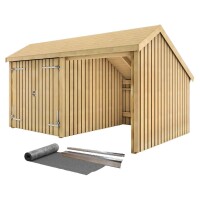 PLUS Multi-Gartenhaus 10,5 m 2 Module Doppeltür offene Fassade mit Dachpappe und Aluleisten Holz natur unbehandelt