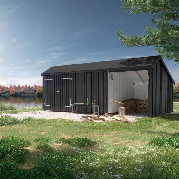 PLUS Multi-Gartenhaus 15,5 m 3 Module Doppeltür offene und geschlossene Fassade mit Dachpappe, Aluleisten und H-Pfostenfüßen Holz natur unbehandelt