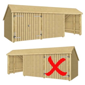 PLUS Multi-Gartenhaus 15,5 m 3 Module Doppeltür offene und geschlossene Fassade mit Dachpappe, Aluleisten und H-Pfostenfüßen Holz natur unbehandelt