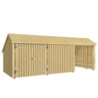PLUS Multi-Gartenhaus 15,5 m 3 Module Doppeltür offene und geschlossene Fassade mit Dachpappe, Aluleisten und H-Pfostenfüßen Holz natur unbehandelt