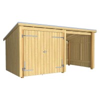 PLUS Nordic Multi-Gartenhaus 9,5 m 2 Module Doppeltür offene Fassade mit Dachpappe und Aluleisten Holz natur unbehandelt