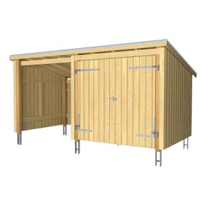 PLUS Nordic Multi-Gartenhaus 9,5 m 2 Module Doppeltür und offene Fassade mit Dachpappe, Aluleisten und H-Pfostenfüßen Holz natur unbehandelt