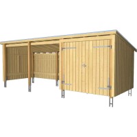 PLUS Nordic Multi-Gartenhaus 14 m 3 Module Doppeltür offene Fassade mit Dachpappe, Aluleisten und H-Pfostenfüßen Holz natur unbehandelt