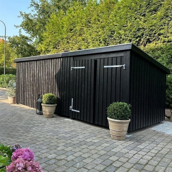 Nordic Multi Gartenhaus 14 m³ 3 Module Doppeltür geschlossene Fassade Dachpappe Aluleisten Pfostenfüße