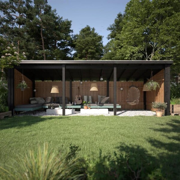 PLUS Nordic Multi-Gartenhaus 14 m 3 Module offen mit Dachpappe, Aluleisten und H-Pfostenfüßen Holz natur unbehandelt