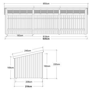 PLUS Nordic Multi-Gartenhaus 14 m 3 Module offen mit Dachpappe, Aluleisten und H-Pfostenfüßen Holz natur unbehandelt