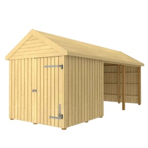 Classic Multi Gartenhaus 14,5 m³ 3 Module Einzeltür offene Fassade Dachpappe Aluleisen Pfostenfüße