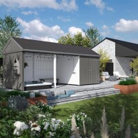 Classic Multi Gartenhaus 14,5 m³ 3 Module Einzeltür offene Fassade Dachpappe Aluleisen Pfostenfüße