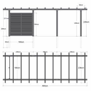 Doppelpergola 3 Module mit Tokyo Zaun Holz 600x260x235 cm Pergola Gartenüberdachung