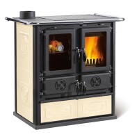 Küchenherd "ROSETTA Sinistra" LA NORDICA mit Kachelverkleidung in Panna von Kleining - Traditioneller Holzofen für Kochen, Heizen und Backen - Nostalgisches Design und moderne Funktionalität, robuste Bauweise, einfache Handhabung, Farbe Pergamana Panna